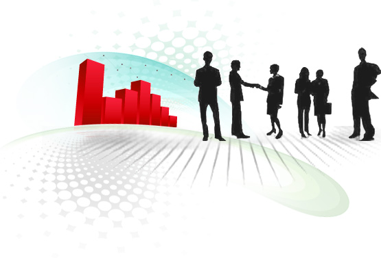 A rising red bar chart beside silhouettes of business people shaking hands.
