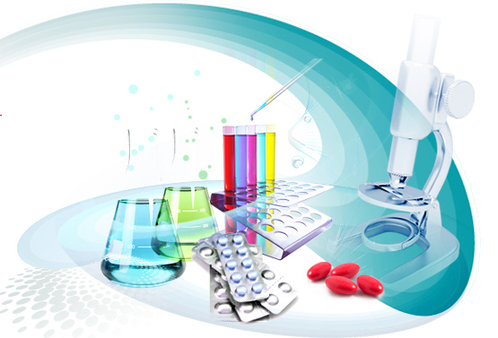 Laboratory glassware, a microscope and blister packs of medicine.